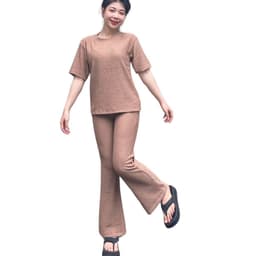 Đồ Bộ Nữ Bigsize LIMO DS68 Áo Tay Ngắn Quần Ống Loe Vải Xốp Co Giãn Set Đồ Mặc Nhà Mùa Hè Basic 2