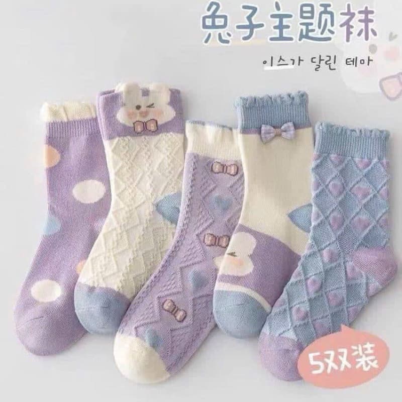 Sét 5 đôi tất thỏ tím cho bé gái 5 hình dễ thương KAB