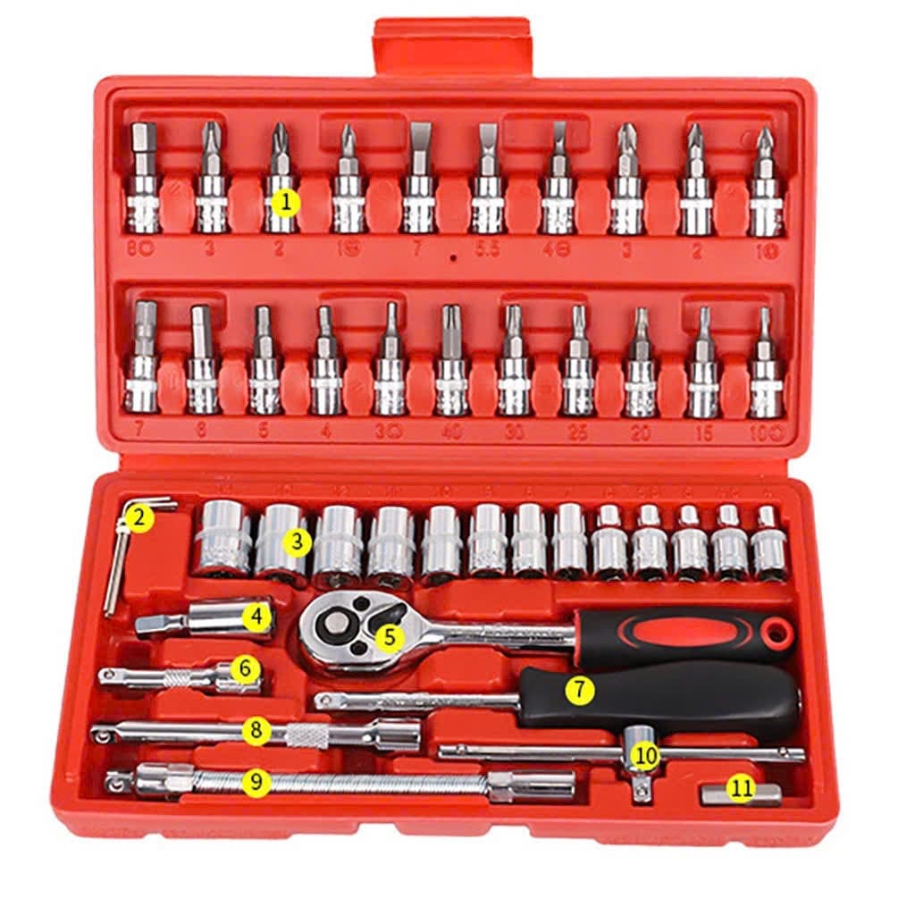 Bộ dụng cụ mở bulong ốc vít đa năng 46 chi tiết, Thép Không Gỉ, Bộ dụng cụ sửa chữa oto xe máy 46 món đa năng