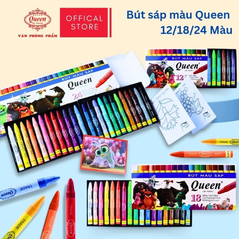 Bút Sáp Màu Queen 12/18/24 Màu Cho Bé | Tô Mượt Đều Màu Ít Bụi | An Toàn Chuẩn Mỹ & EU Cho Bé!