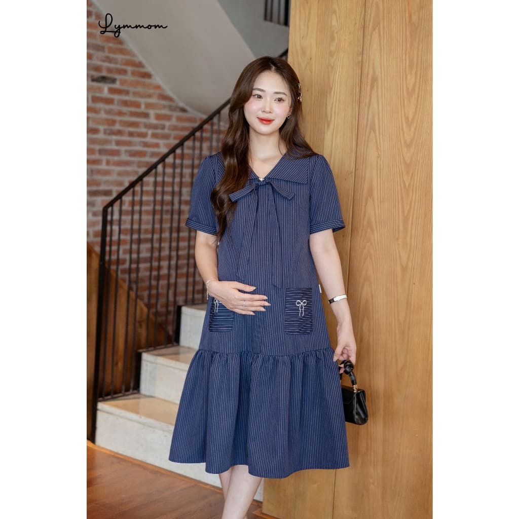 Lymmom Đầm Bầu Thiết Kế- Đầm bầu sang chảnh form đuôi cá Cổ Tàu Phối Ren Cách Điệu VB138