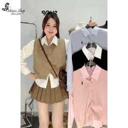Set 2 Chi Tiết Áo Gile Phối Áo Sơ Mi Thêu Ngựa Phom Vừa Chất Len Gạo Hàng QC sẵn ship hỏa tốc 6