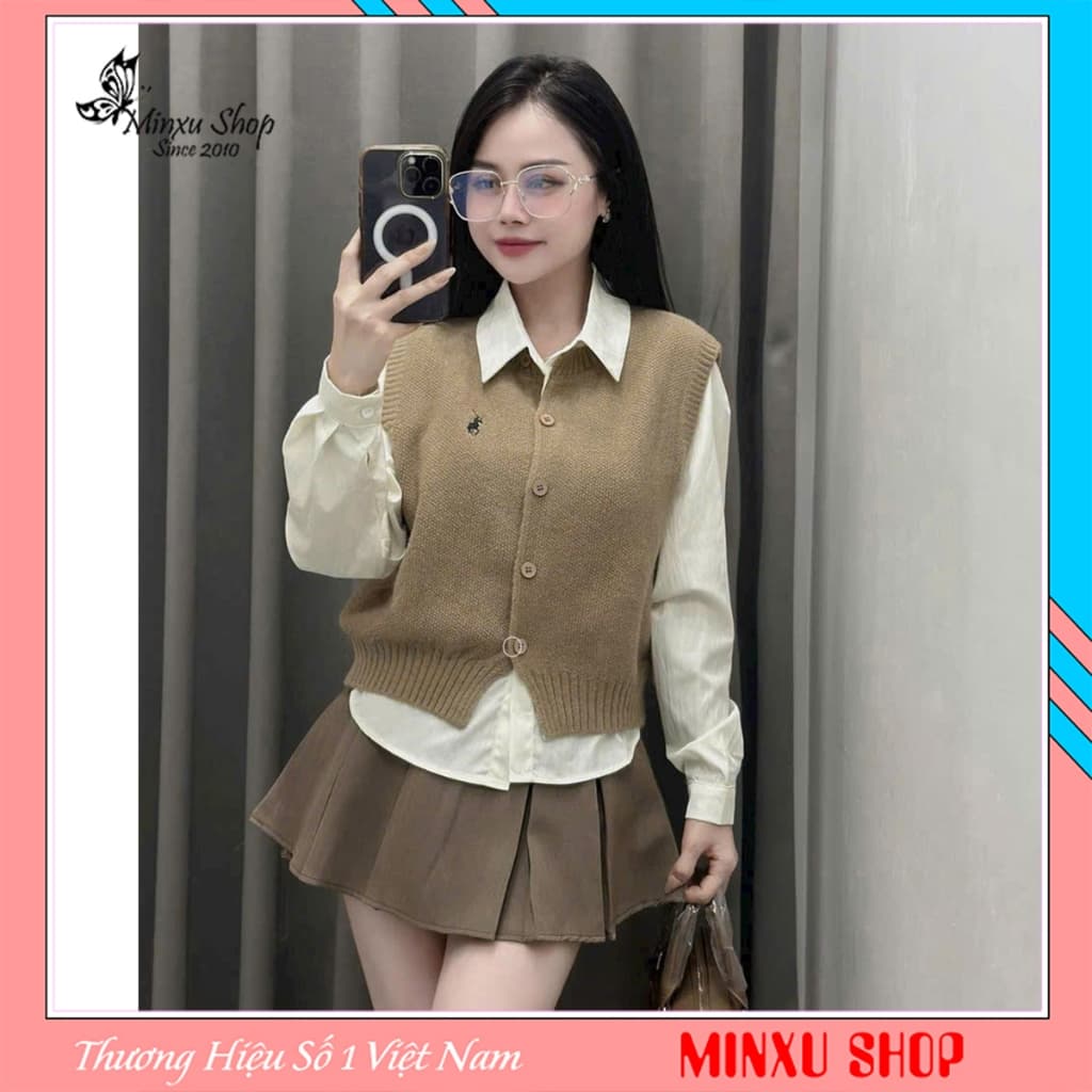 Set 2 Chi Tiết Áo Gile Phối Áo Sơ Mi Thêu Ngựa Phom Vừa Chất Len Gạo Hàng QC sẵn ship hỏa tốc