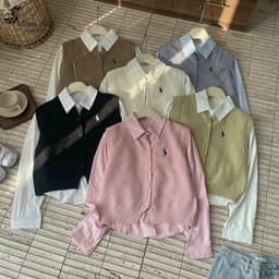 Set 2 Chi Tiết Áo Gile Phối Áo Sơ Mi Thêu Ngựa Phom Vừa Chất Len Gạo Hàng QC sẵn ship hỏa tốc 7