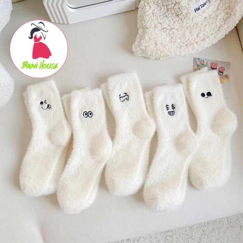 Set 5 Đôi Tất Vớ Cotton Lót Lông Cừu Giữ Nhiệt Cao Cổ Siêu Ấm Cho Nữ tt57 { u307 }
