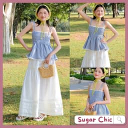 Sét váy nữ áo 2 dây mocking phối chân váy dài xòe trắng lụa mềm mịn có lót xinh xắn đi chơi đi biển 1