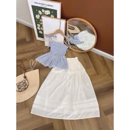 Sét váy nữ áo 2 dây mocking phối chân váy dài xòe trắng lụa mềm mịn có lót xinh xắn đi chơi đi biển 5