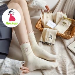 Sét 5 Đôi Tất Cổ Cao, Vớ Vải Cotton Họa Tiết NƠ Chấm Bi ,Cổ Bo Chun Siêu Co Giãn tt58 { u404 } 1
