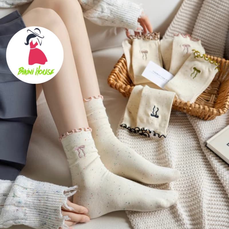 Sét 5 Đôi Tất Cổ Cao, Vớ Vải Cotton Họa Tiết NƠ Chấm Bi ,Cổ Bo Chun Siêu Co Giãn tt58 { u404 }