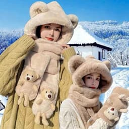 Mũ 3in1 Kèm Gấu Sỏ Tay Lông Mềm Dày Dặn, Mũ Trùm Đầu Giữ Ấm Kèm Khăn Và Găng Tay Dễ Thương 2