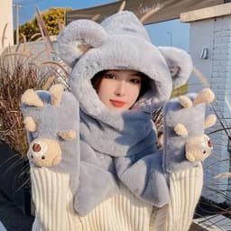 Mũ 3in1 Kèm Gấu Sỏ Tay Lông Mềm Dày Dặn, Mũ Trùm Đầu Giữ Ấm Kèm Khăn Và Găng Tay Dễ Thương 4