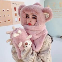 Mũ 3in1 Kèm Gấu Sỏ Tay Lông Mềm Dày Dặn, Mũ Trùm Đầu Giữ Ấm Kèm Khăn Và Găng Tay Dễ Thương 7