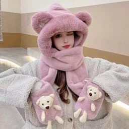 Mũ 3in1 Kèm Gấu Sỏ Tay Lông Mềm Dày Dặn, Mũ Trùm Đầu Giữ Ấm Kèm Khăn Và Găng Tay Dễ Thương 5