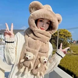 Mũ 3in1 Kèm Gấu Sỏ Tay Lông Mềm Dày Dặn, Mũ Trùm Đầu Giữ Ấm Kèm Khăn Và Găng Tay Dễ Thương 9