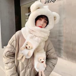 Mũ 3in1 Kèm Gấu Sỏ Tay Lông Mềm Dày Dặn, Mũ Trùm Đầu Giữ Ấm Kèm Khăn Và Găng Tay Dễ Thương 8