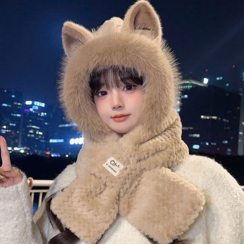 Mũ Len Nữ Trùm Đầu Kèm Khăn Tai Thỏ Siêu Đáng Yêu Ấm Áp, Mũ Len Lông Cừu Cực Mềm Mịn Thời Trang 2027