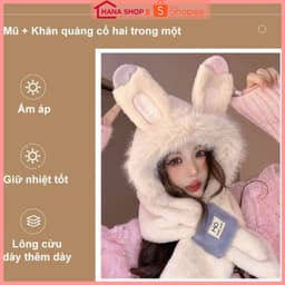 Mũ Len Nữ Trùm Đầu Kèm Khăn Tai Thỏ Siêu Đáng Yêu Ấm Áp, Mũ Len Lông Cừu Cực Mềm Mịn Thời Trang 2027 9