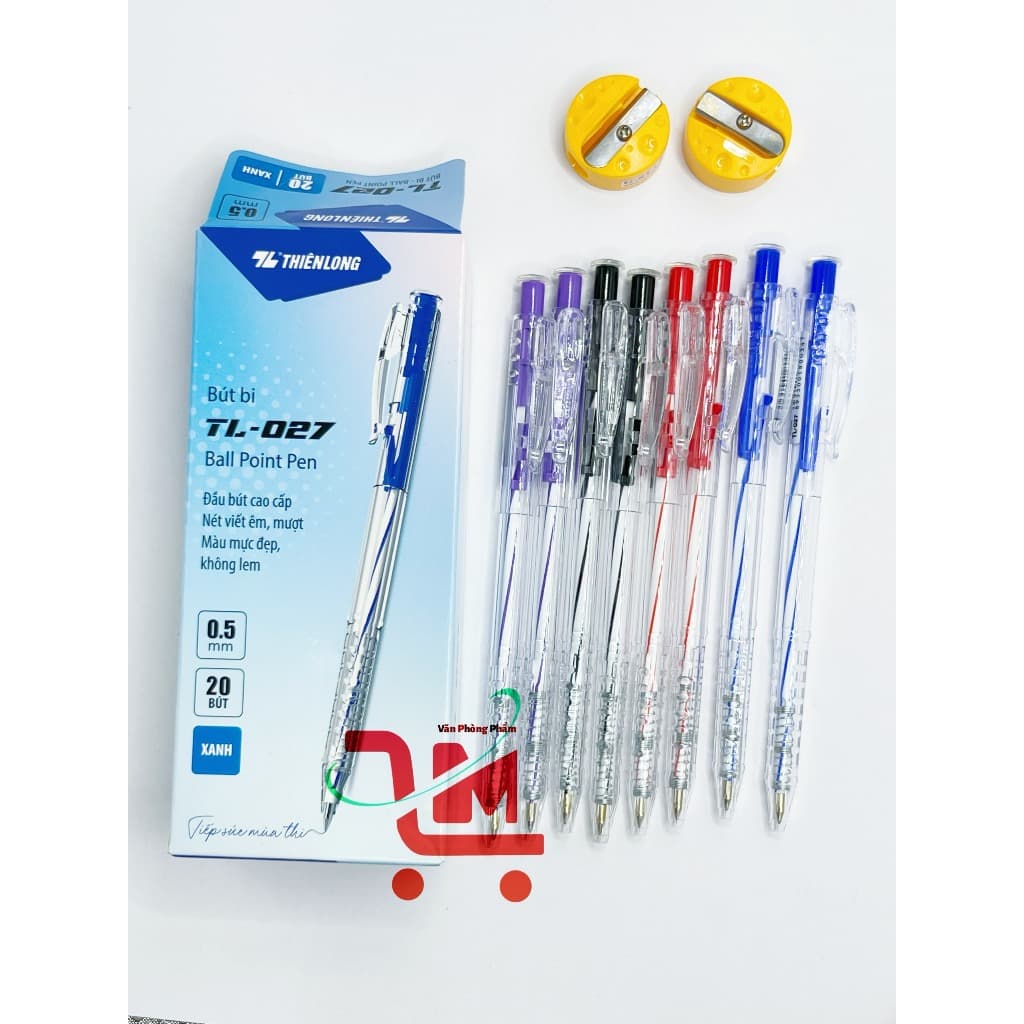 Hộp 20 Bút Thiên Long TL-027 Ngòi 0.5mm Dạng Bấm Cò, Nét Đều Dành Cho Học Sinh, Văn Phòng, Mực Xanh, Đỏ, Đen, Tím