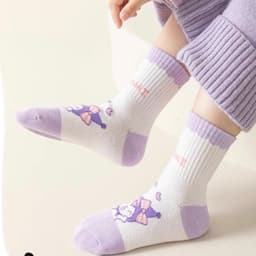 Sét 5 Đôi Tất Vớ Hoạt Hình Kuromi Cotton Tím Cổ Cao Họa Tiết Dễ Thương Dài Bé Gái te58 { V401 } 2