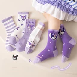 Sét 5 Đôi Tất Vớ Hoạt Hình Kuromi Cotton Tím Cổ Cao Họa Tiết Dễ Thương Dài Bé Gái te58 { V401 } 4