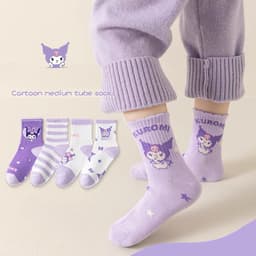 Sét 5 Đôi Tất Vớ Hoạt Hình Kuromi Cotton Tím Cổ Cao Họa Tiết Dễ Thương Dài Bé Gái te58 { V401 } 6