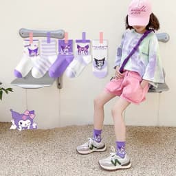 Sét 5 Đôi Tất Vớ Hoạt Hình Kuromi Cotton Tím Cổ Cao Họa Tiết Dễ Thương Dài Bé Gái te58 { V401 } 5