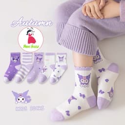 Sét 5 Đôi Tất Vớ Hoạt Hình Kuromi Cotton Tím Cổ Cao Họa Tiết Dễ Thương Dài Bé Gái te58 { V401 } 1