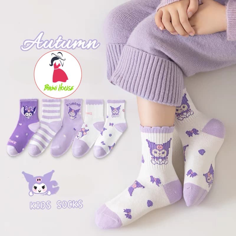 Sét 5 Đôi Tất Vớ Hoạt Hình Kuromi Cotton Tím Cổ Cao Họa Tiết Dễ Thương Dài Bé Gái te58 { V401 }