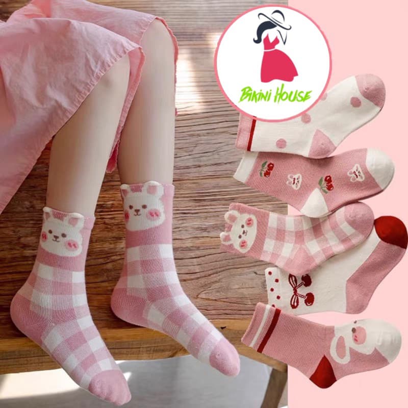 Set 5 đôi Tất Cotton họa tiết Thỏ cherry Hồng siêu đang yêu, cute bé gái te50 { V309 }