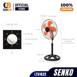Quạt lửng lỡ Senko LTS1632 công suất 80W, quạt đứng gió mạnh lồng inox 7 cánh bảo hành 2 năm 2