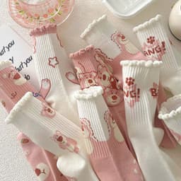 T42 SET 10 Đôi Tất Cotton Cổ Bèo Họa Tiết Gấu Hồng Dễ Thương 3