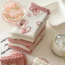 T42 SET 10 Đôi Tất Cotton Cổ Bèo Họa Tiết Gấu Hồng Dễ Thương 5