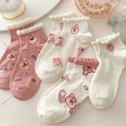 T42 SET 10 Đôi Tất Cotton Cổ Bèo Họa Tiết Gấu Hồng Dễ Thương 6
