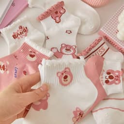 T42 SET 10 Đôi Tất Cotton Cổ Bèo Họa Tiết Gấu Hồng Dễ Thương 9