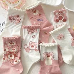 T42 SET 10 Đôi Tất Cotton Cổ Bèo Họa Tiết Gấu Hồng Dễ Thương 1