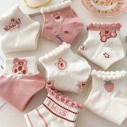 T42 SET 10 Đôi Tất Cotton Cổ Bèo Họa Tiết Gấu Hồng Dễ Thương 7