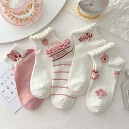 T42 SET 10 Đôi Tất Cotton Cổ Bèo Họa Tiết Gấu Hồng Dễ Thương 4