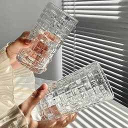 Cốc thủy tinh, ly trụ ống họa tiết kẻ ô, cốc dày dặn, trong veo, sáng bóng 2 size 2