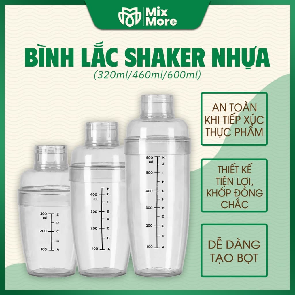 Bình lắc shaker Việt Nhật nhựa chia vạch đen chuyên dùng trong pha chế bao gồm nắp 320ml/460ml/600ml Mixmore