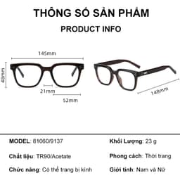 Gọng kính cận thời trang nam nữ ANDU EYEWEAR dáng vuông chống tia UV chất liệu nhựa 91AD37 9