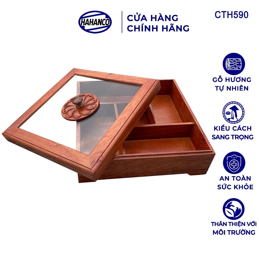 Khay Bánh Kẹo Mứt Tết Gỗ Hương Nắp Kính Vuông HAHANCO Thiết Kế Trang Nhã - CTH590
