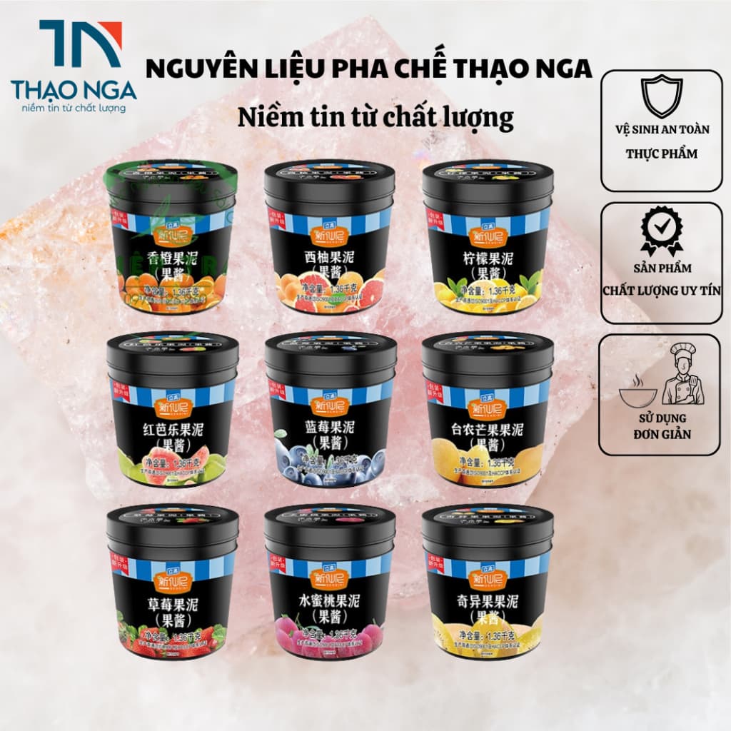 Mứt Nhuyễn Hoa Quả Sensini 1.36kg các vị: Xoài, Dâu, Đào, Cam, Việt Quất, Nhiệt Đới, Dứa Chanh Leo, Kiwi, Đào Vàng