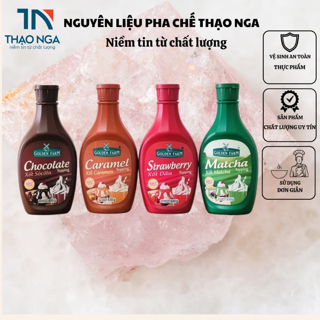 Sốt Golden Farm Topping các vị Chocolate, Caramel, Dâu, Matcha chai 630gr