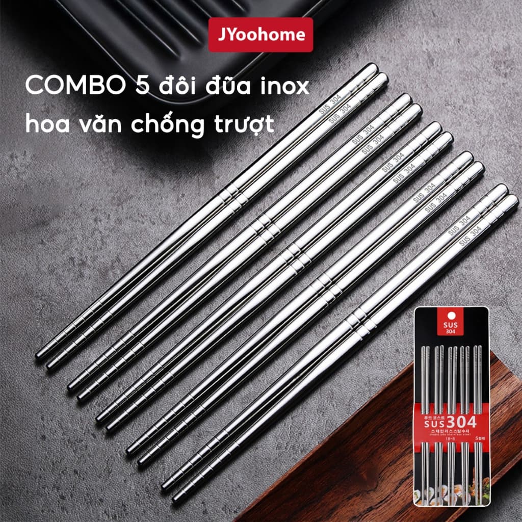 Đũa inox 304 kháng khuẩn chống ẩm mốc JYoohome Vỉ 5 đôi đũa ăn cơm nấu ăn Nhật Bản chống trơn trượt