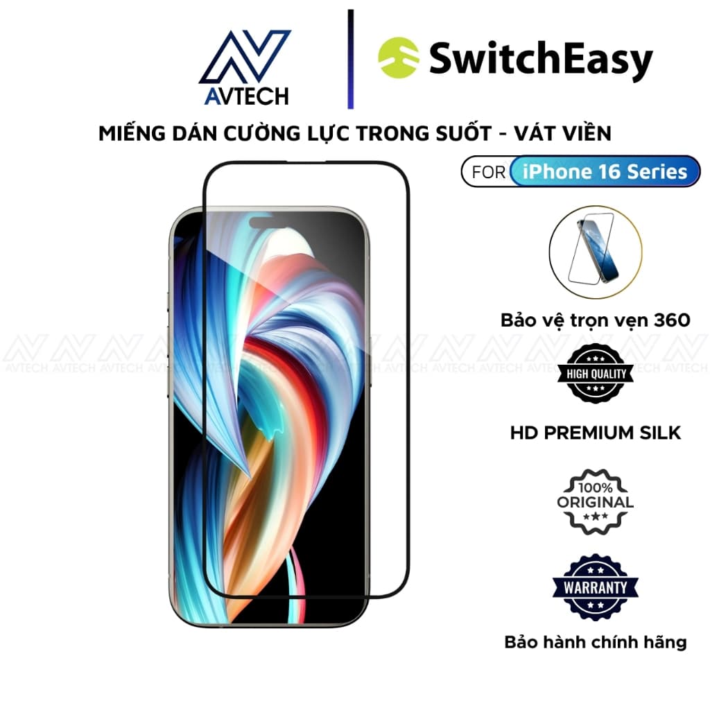 Miếng Dán Kính Cường Lực Trong Suốt SwitchEasy cho iPhone 16 Pro Max / 16 Pro, Viền Đen Mỏng, Chống Trày Xước