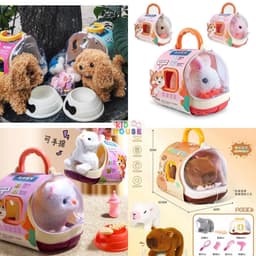 [Có pin] Đồ chơi chăm sóc thú cưng, lồng capybara, thỏ, mèo bông, chó bông biết đi kêu, vẫy đuôi kèm phụ kiện 2