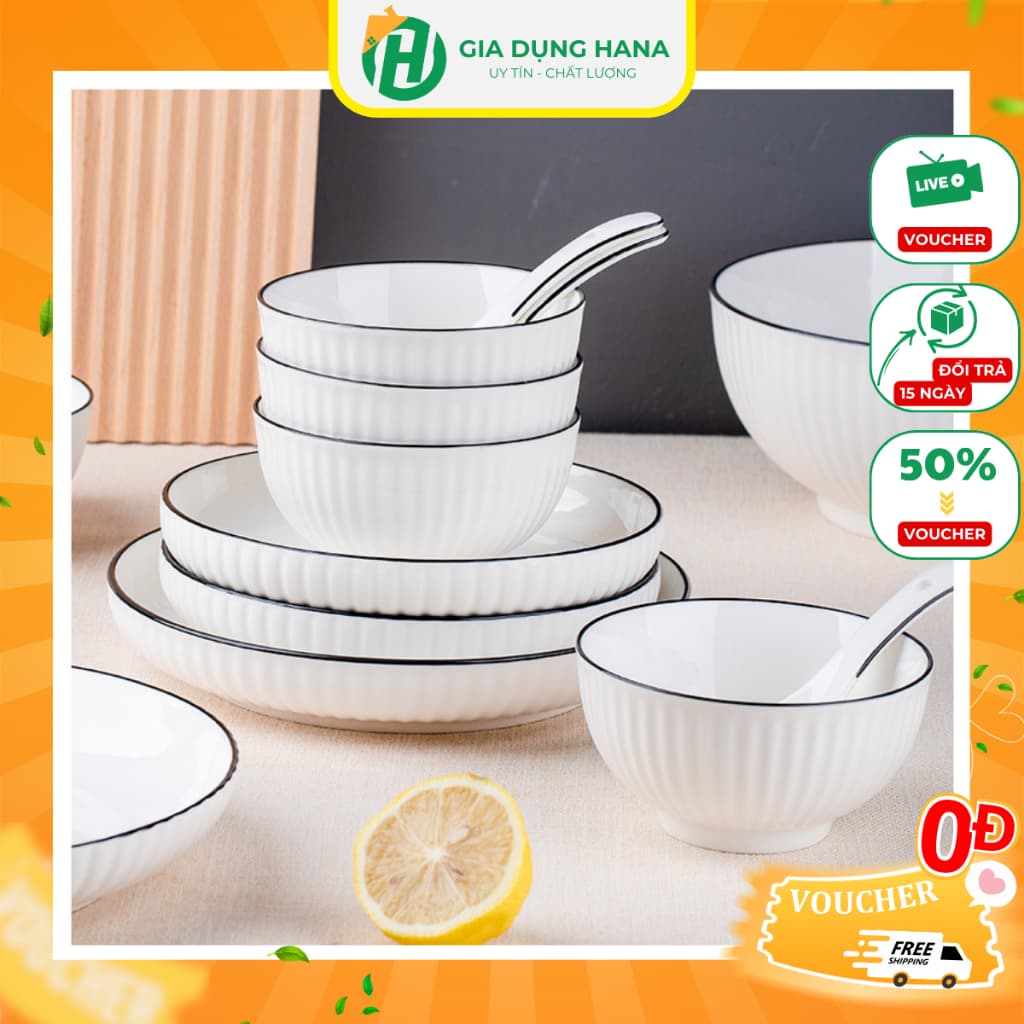 Bát Tô Sứ Trắng Viền Đen Ăn Cơm Gia Đình Họa Tiết Đơn Giản Tiện Lợi Nhiều Kích Thước