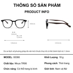 Gọng kính cận thời trang nam nữ NARO EYEWEAR dáng oval chống tia UV chất liệu nhựa cao cấp - 00AD366 9