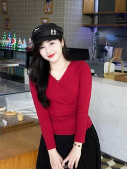 Áo thun nữ Dài tay Evalover cổ tim nhún eo  chất cotton Nhật co giãn 4 chiều Evalover 10
