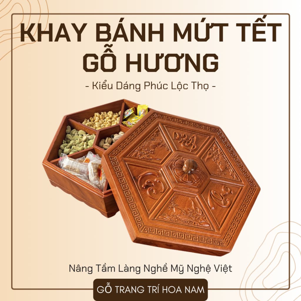 Khay gỗ đựng bánh kẹo - Hộp gỗ đựng bánh kẹo tết - Khay gỗ Hương cao cấp - Gỗ Hoa Nam - HN 05